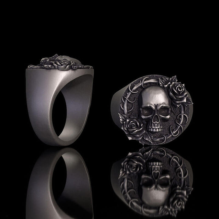 Rose Skull Sterling Silver Gothic Ring | RoyalLuster.com