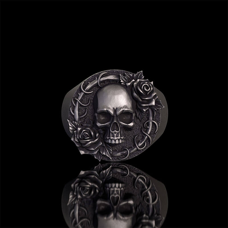 Rose Skull Sterling Silver Gothic Ring | RoyalLuster.com