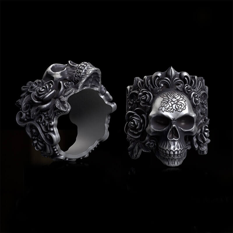 Rose Vine Pattern Skull Sterling Silver Ring | RoyalLuster.com
