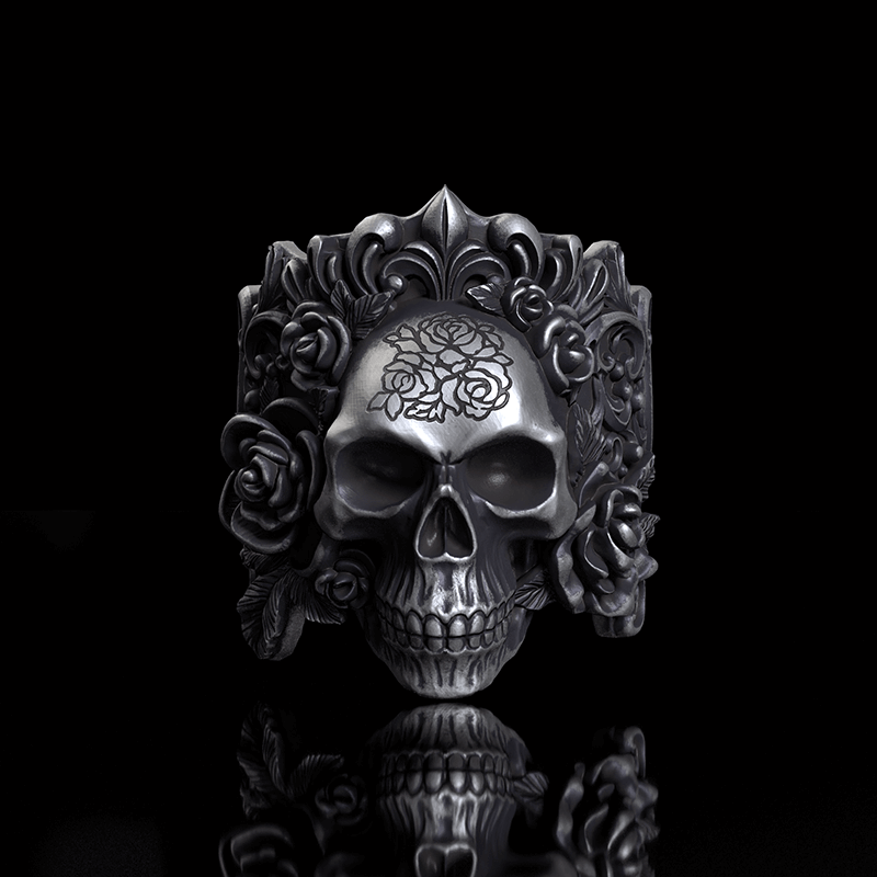 Rose Vine Pattern Skull Sterling Silver Ring | RoyalLuster.com