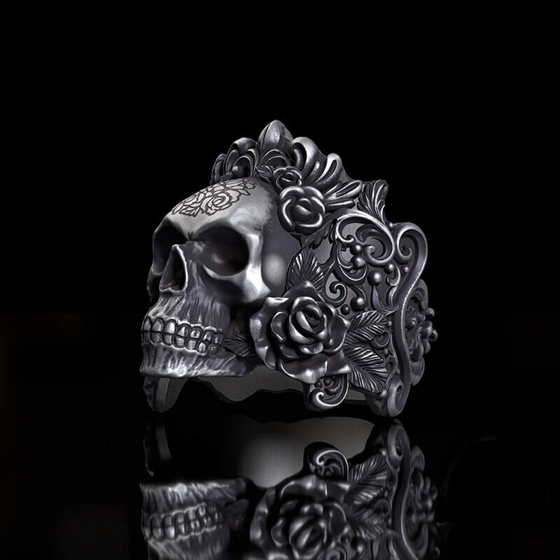 Rose Vine Pattern Skull Sterling Silver Ring