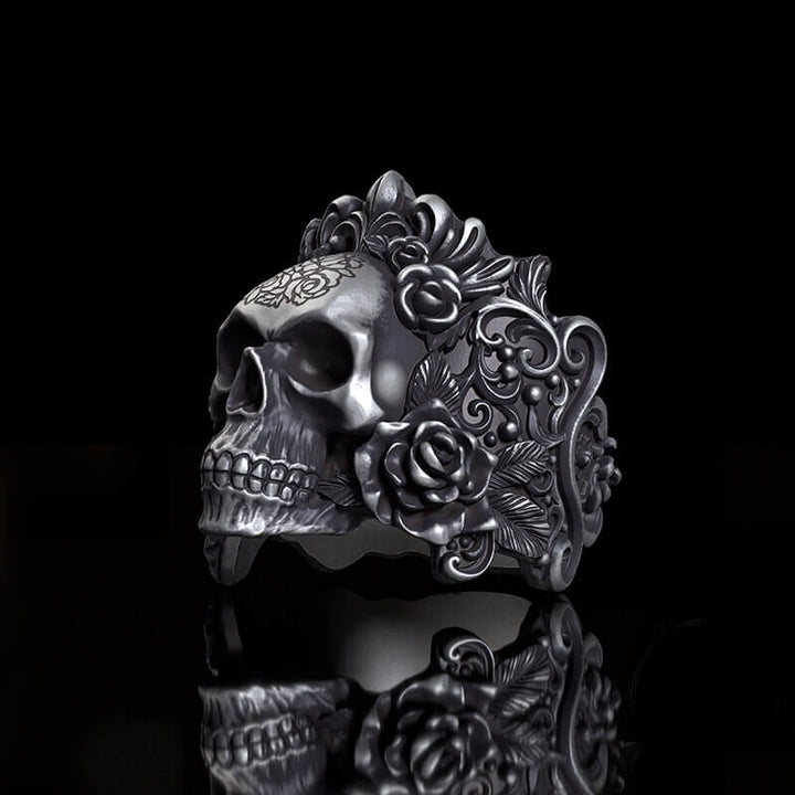 Rose Vine Pattern Skull Sterling Silver Ring