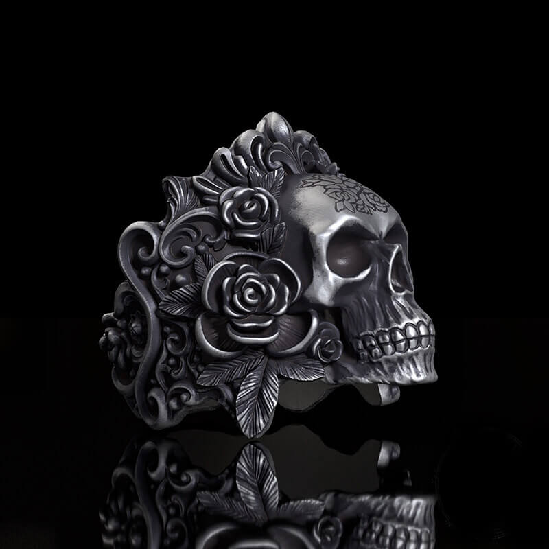 Rose Vine Pattern Skull Sterling Silver Ring | RoyalLuster.com
