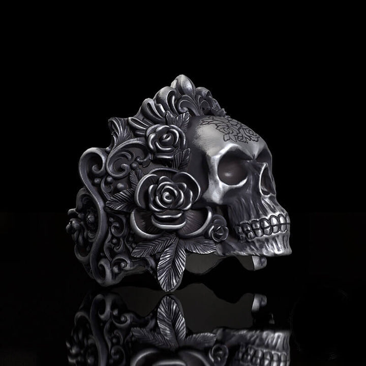 Rose Vine Pattern Skull Sterling Silver Ring | RoyalLuster.com