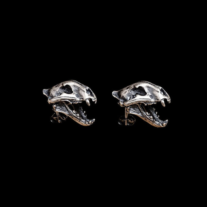 Saber Tooth Tiger Skull Head 925 Sterling Silver Stud Earrings