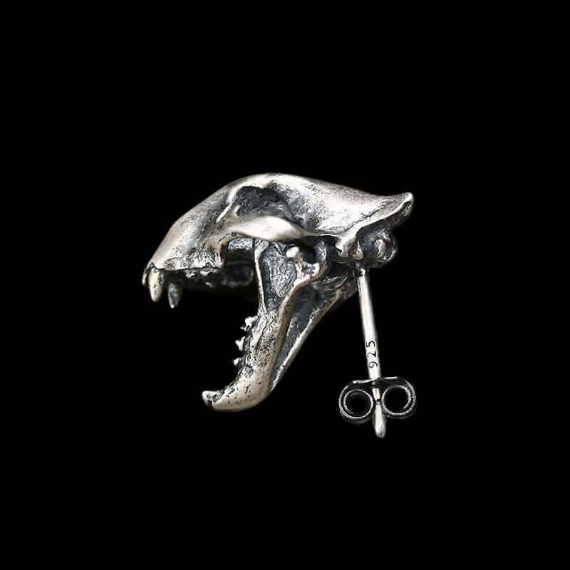Saber Tooth Tiger Skull Head 925 Sterling Silver Stud Earrings