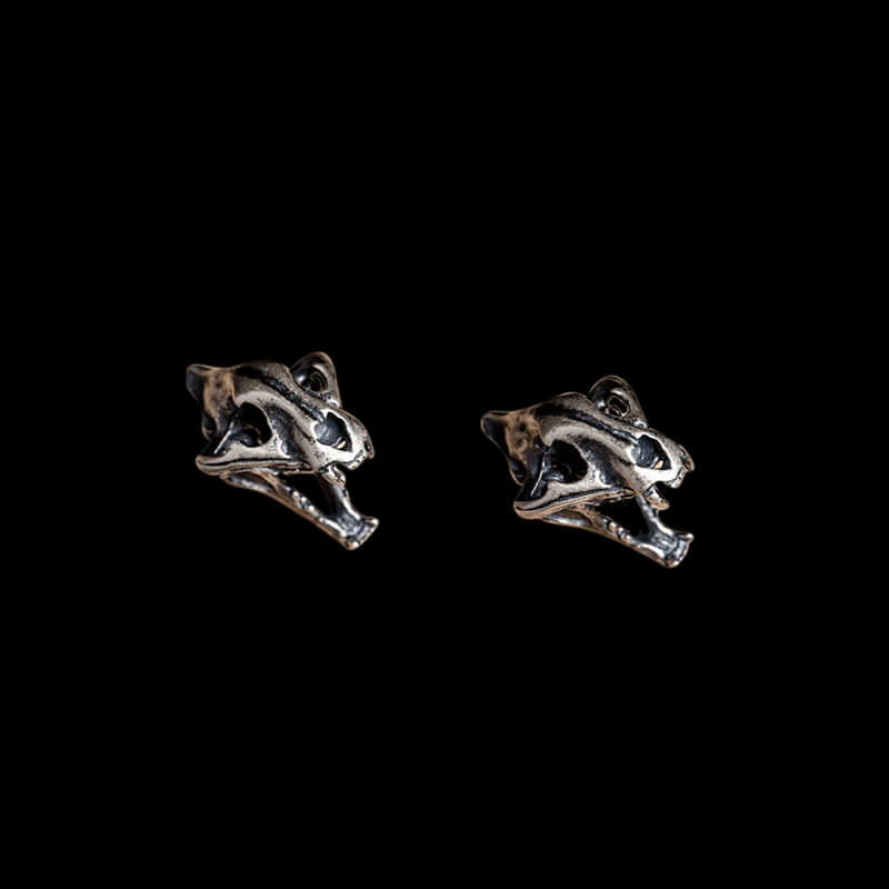 Saber Tooth Tiger Skull Head 925 Sterling Silver Stud Earrings