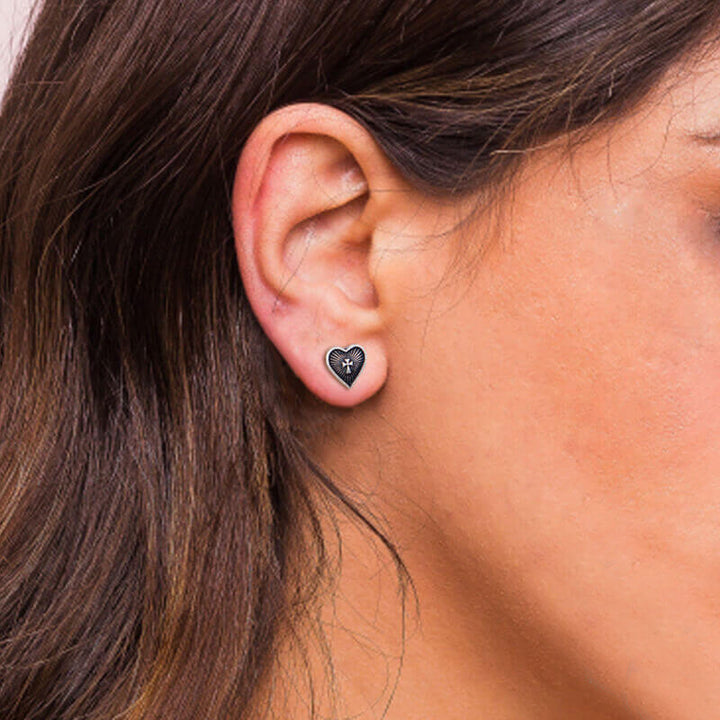 Sacred Heart 925 Sterling Silver Cross Stud Earrings