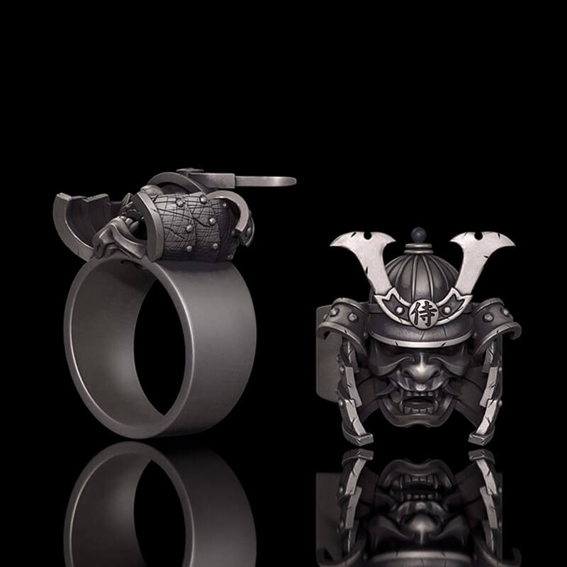Samurai Mask Warrior Helmet Sterling Silver Ring 01 | RoyalLuster.com