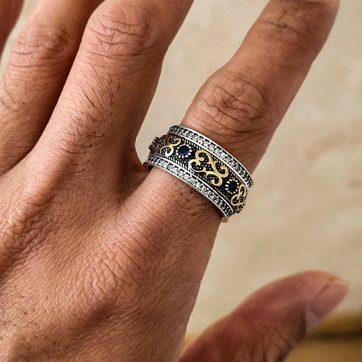 Sapphire Pattern 925 Sterling Silver Brass Men's Ring 02 | RoyalLuster.com