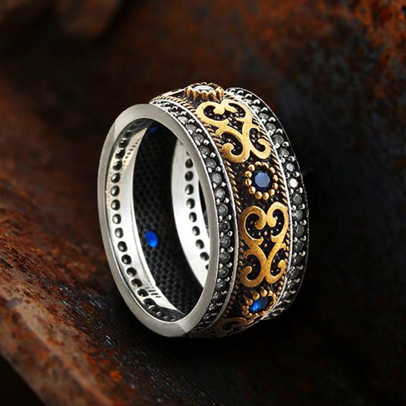Sapphire Pattern 925 Sterling Silver Brass Men's Ring 04 | RoyalLuster.com
