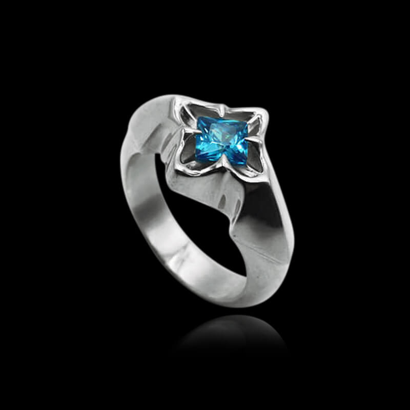 Simple Flower Aquamarine 925 Sterling Silver Couple Ring 03 | RoyalLuster.com