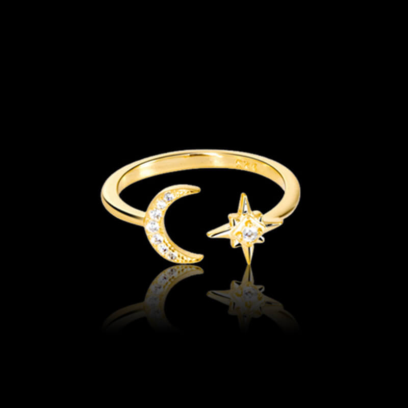 Simple Star and Moon 925 Sterling Silver Open Ring 03 | RoyalLuster.com