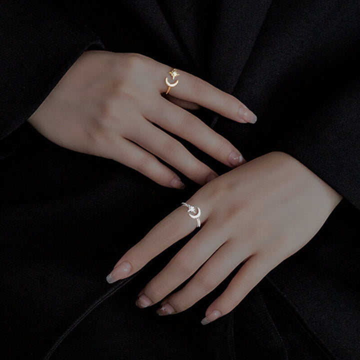 Simple Star and Moon 925 Sterling Silver Open Ring 04 | RoyalLuster.com