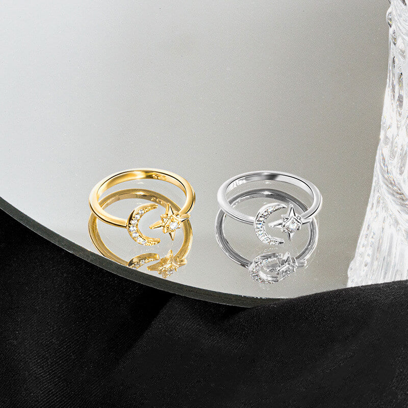 Simple Star and Moon 925 Sterling Silver Open Ring 05 | RoyalLuster.com