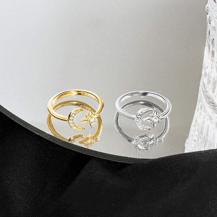 Simple Star and Moon 925 Sterling Silver Open Ring 05 | RoyalLuster.com