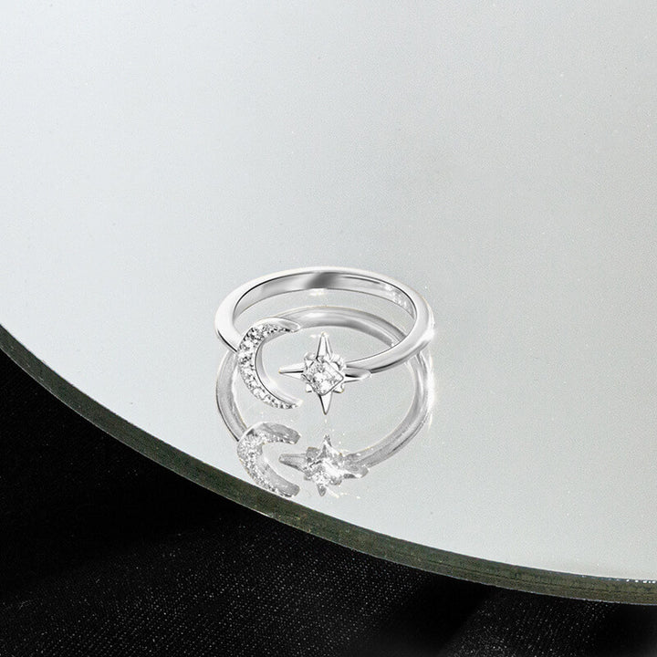 Simple Star and Moon 925 Sterling Silver Open Ring