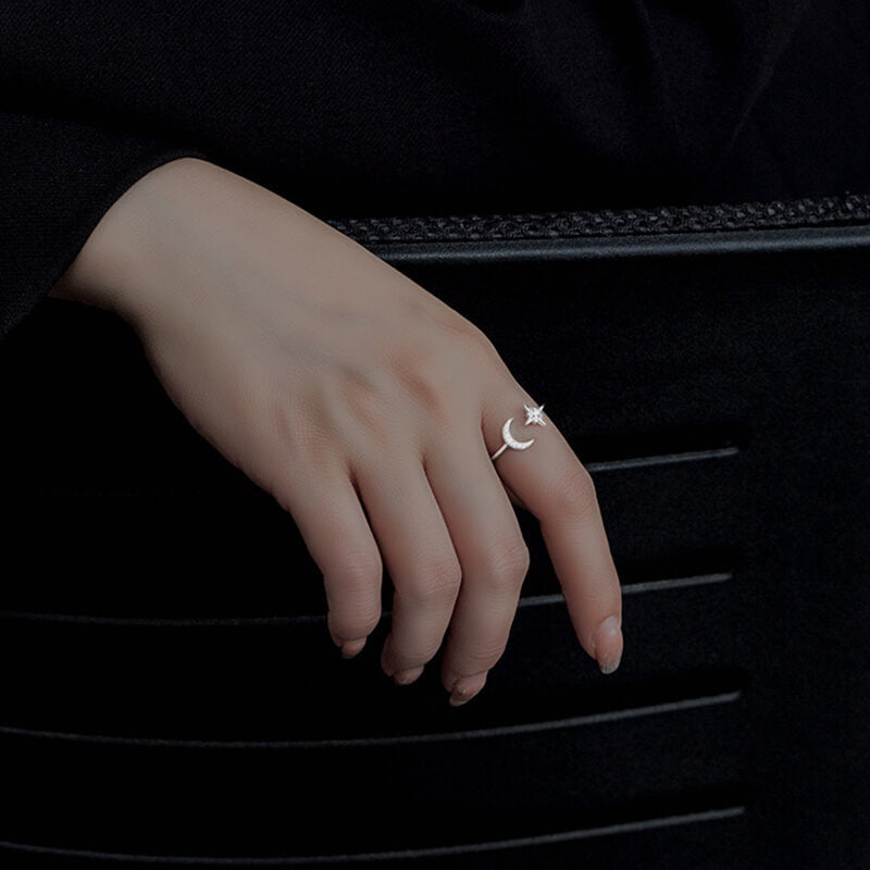 Simple Star and Moon 925 Sterling Silver Open Ring
