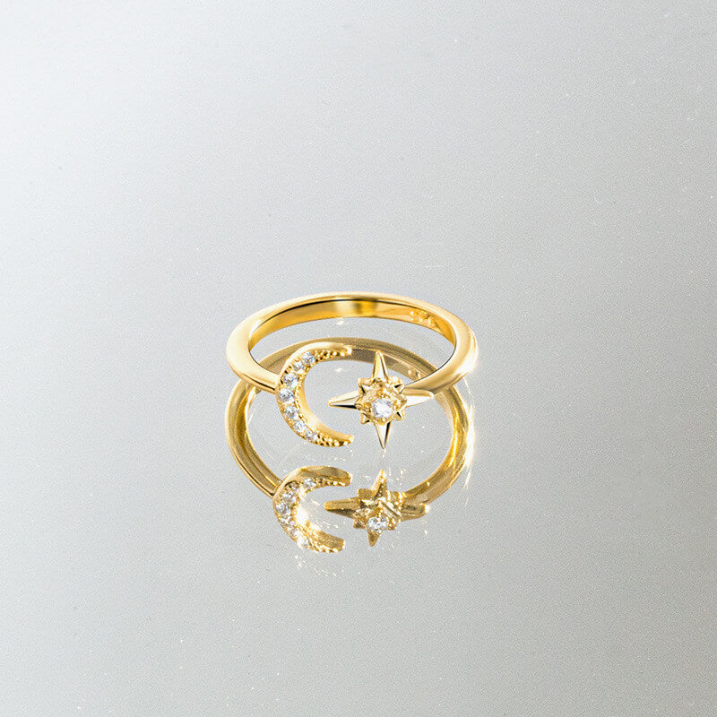 Simple Star and Moon 925 Sterling Silver Open Ring