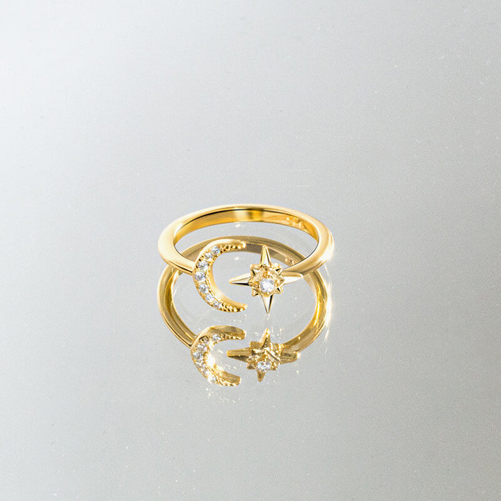Simple Star and Moon 925 Sterling Silver Open Ring
