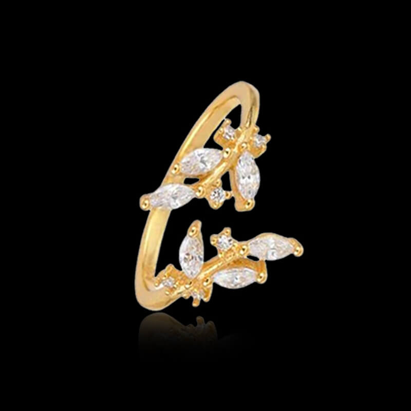 Simple Zirconia Leaf 925 Sterling Silver Open Ring 03 | RoyalLuster.com