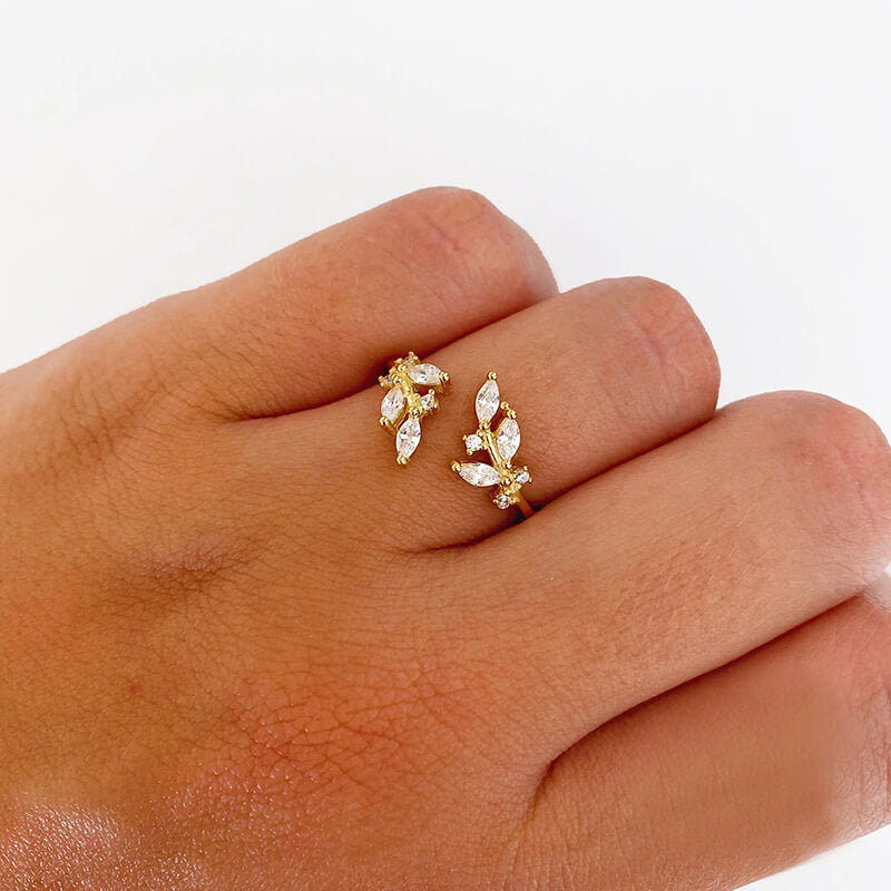 Simple Zirconia Leaf 925 Sterling Silver Open Ring 04 | RoyalLuster.com