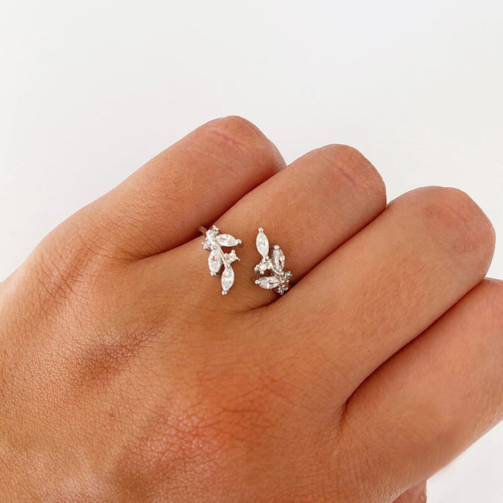 Simple Zirconia Leaf 925 Sterling Silver Open Ring 05 | RoyalLuster.com