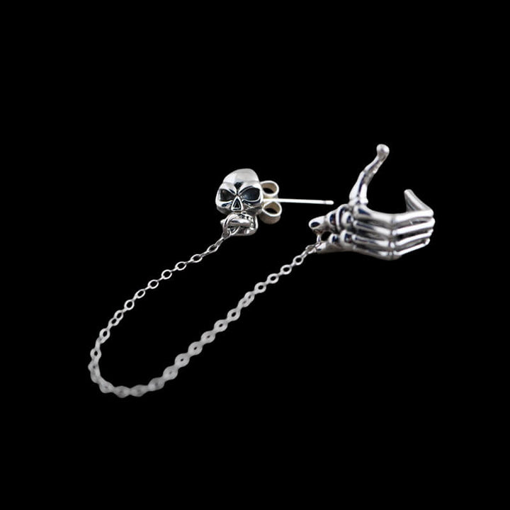 Skull Hand 925 Sterling Silver Ear Cuff Chain Earrings