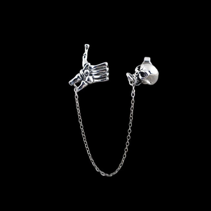 Skull Hand 925 Sterling Silver Ear Cuff Chain Earrings