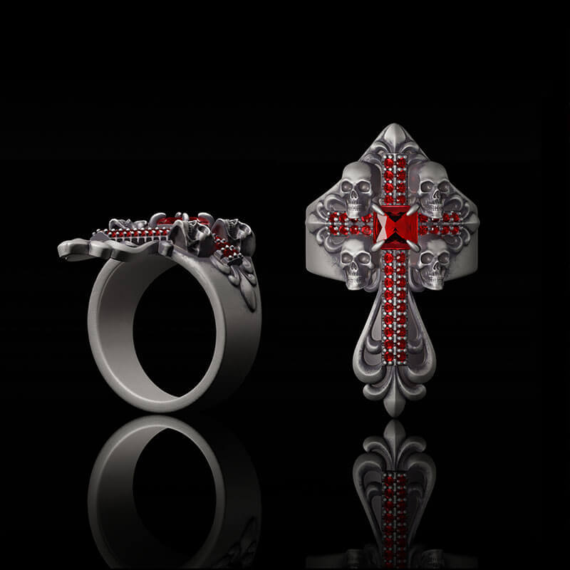 Skulls Cross Sterling Silver Ring | RoyalLuster.com