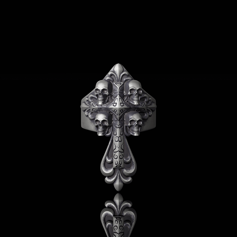 Skulls Cross Sterling Silver Ring | RoyalLuster.com