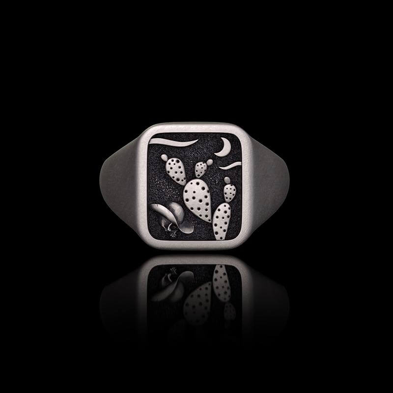 Square Cactus Cowboy Skull Sterling Silver Western Ring 01 | RoyalLuster.com