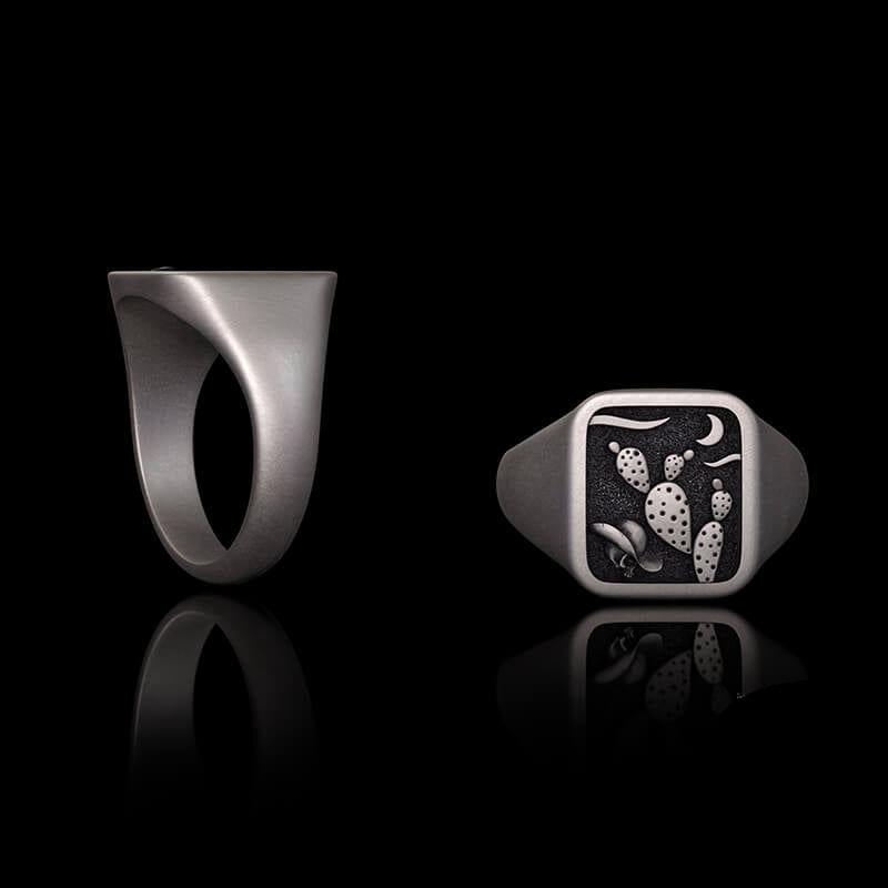 Square Cactus Cowboy Skull Sterling Silver Western Ring 02 | RoyalLuster.com
