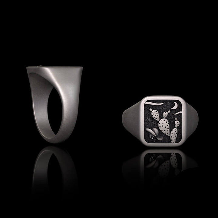 Square Cactus Cowboy Skull Sterling Silver Western Ring 02 | RoyalLuster.com