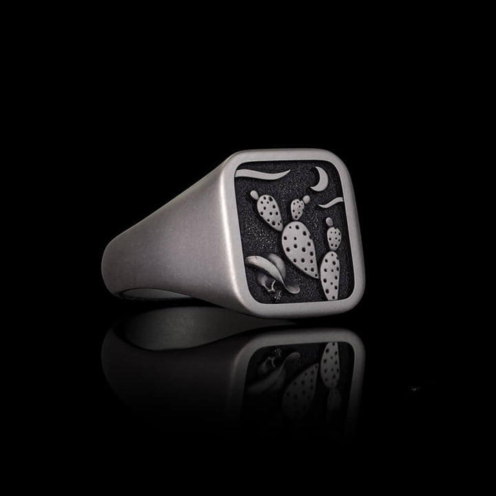 Square Cactus Cowboy Skull Sterling Silver Western Ring 03 | RoyalLuster.com