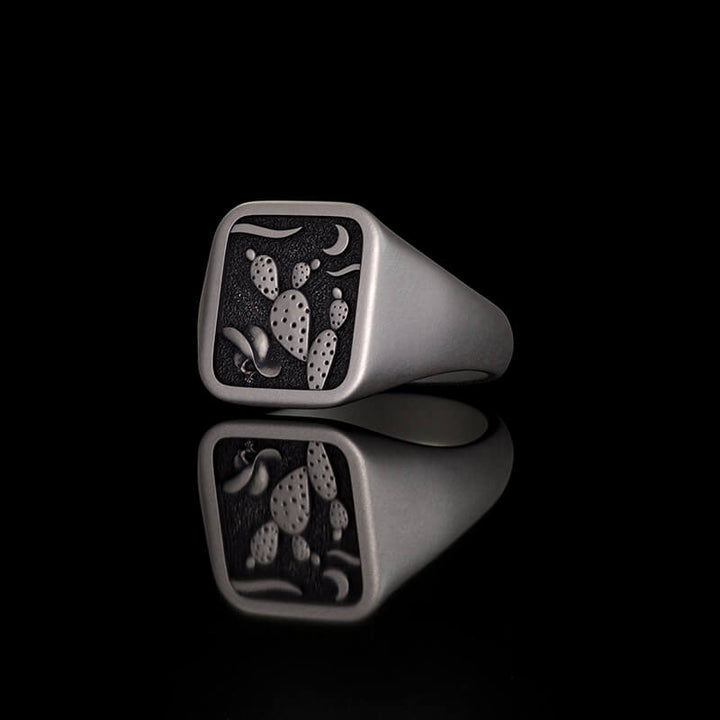 Square Cactus Cowboy Skull Sterling Silver Western Ring