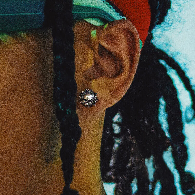 Sunflower Skull 925 Sterling Silver Stud Earrings