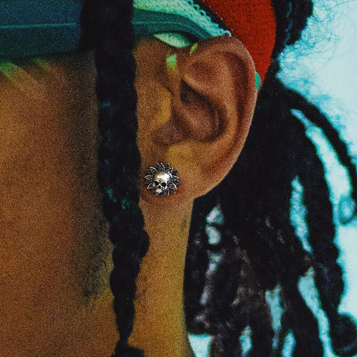 Sunflower Skull 925 Sterling Silver Stud Earrings