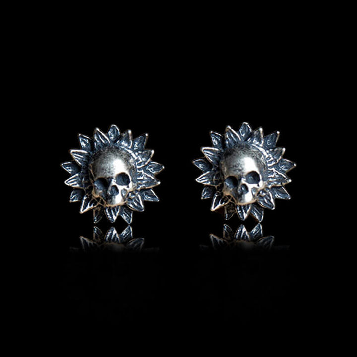 Sunflower Skull 925 Sterling Silver Stud Earrings