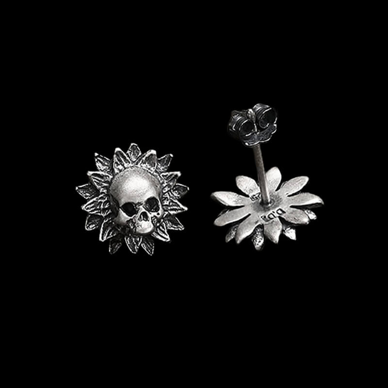 Sunflower Skull 925 Sterling Silver Stud Earrings