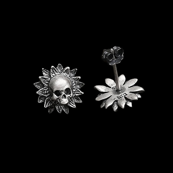Sunflower Skull 925 Sterling Silver Stud Earrings