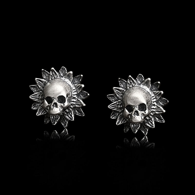 Sunflower Skull 925 Sterling Silver Stud Earrings