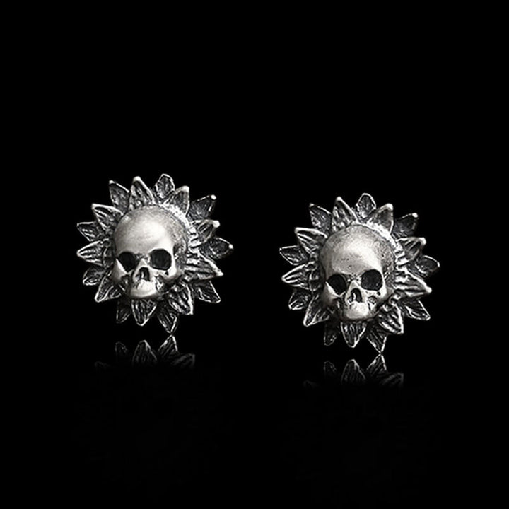 Sunflower Skull 925 Sterling Silver Stud Earrings