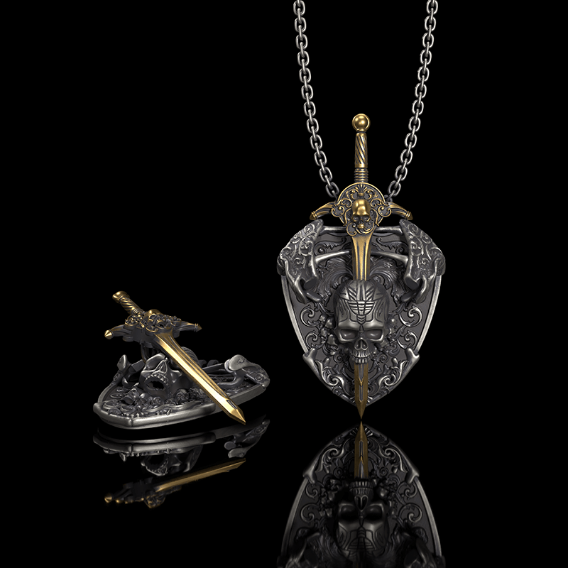 Sword and Shield 925 Sterling Silver Skull Pendant