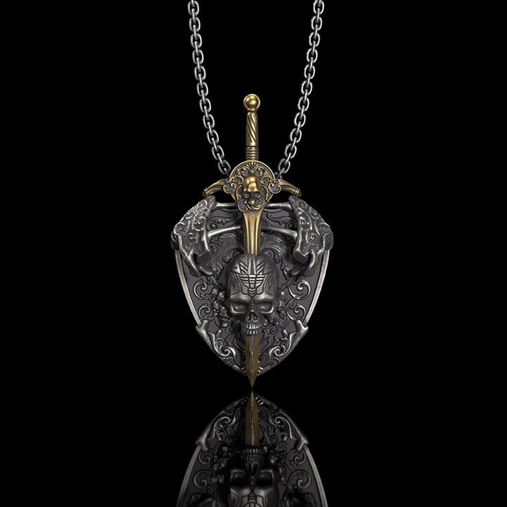 Sword and Shield 925 Sterling Silver Skull Pendant