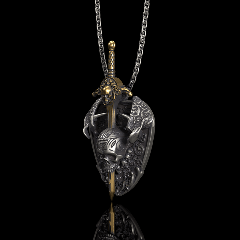 Sword and Shield 925 Sterling Silver Skull Pendant