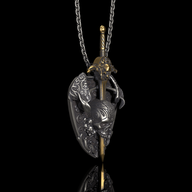 Sword and Shield 925 Sterling Silver Skull Pendant