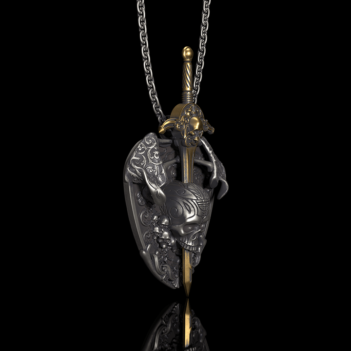 Sword and Shield 925 Sterling Silver Skull Pendant