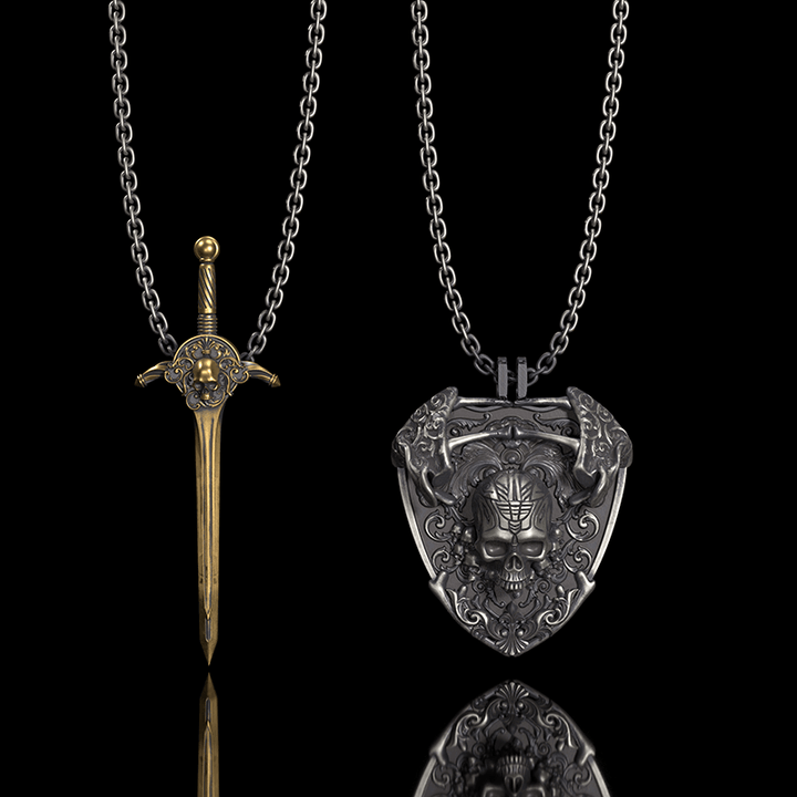 Sword and Shield 925 Sterling Silver Skull Pendant