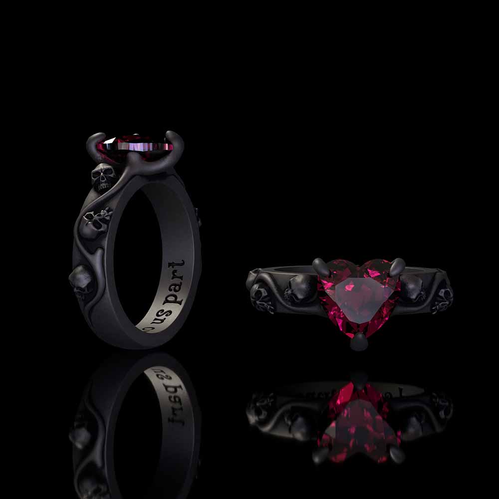 Till Death Do Us Part Heart Gem Sterling Silver Skull Ring | RoyalLuster.com
